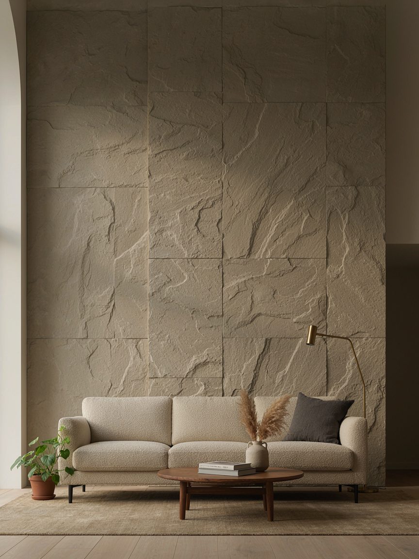Paneles decorativos efecto piedra en un salón