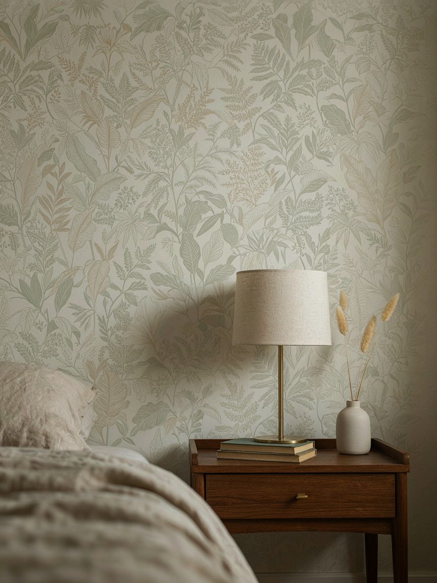 Papel pintado botánico en un dormitorio