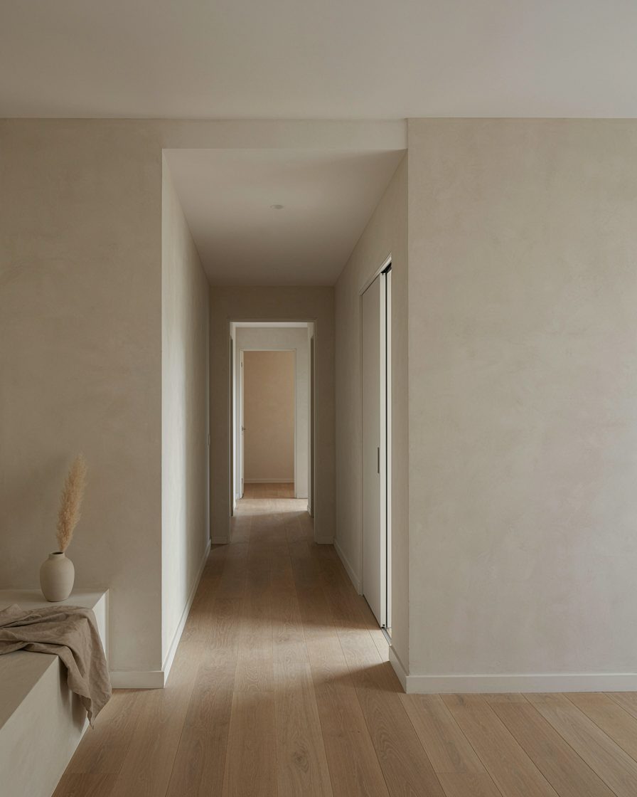 Pasillo con puerta corredera empotrada abierta